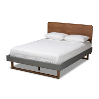 Baxton Studio Ayla-Dark Grey/Ash Walnut-Full Ayla Mid-Century Modern Dark Grey Fabric Upholstered Walnut Brown Finished Wood Full Size Platform Bed